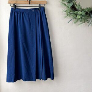 Vintage 80s Blue Pleated Wrap A-line Midi Skirt